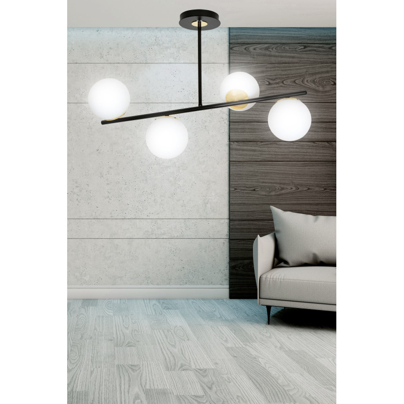 Plafonnier Design Floki Métal 6 lampes Déportées Noires et Dorées Style Minimaliste 