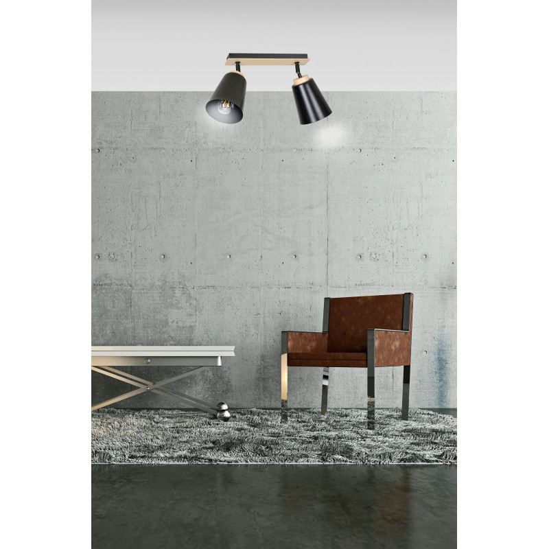 Plafonnier Design Atlas Métal et Bois 2 lampes Spots Noires et bois Style Moderne 