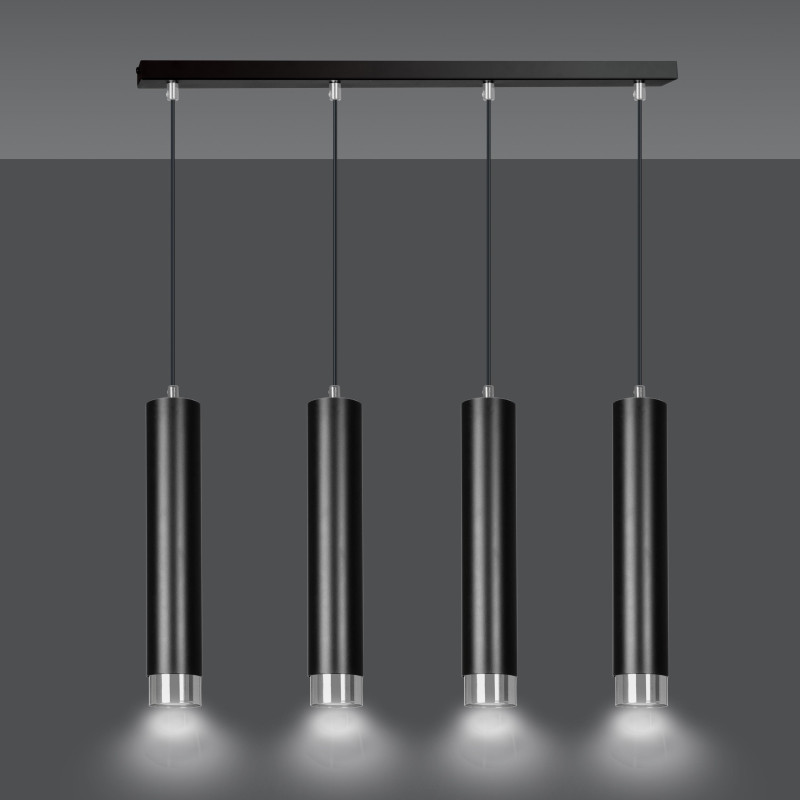 Suspension Design  Kibo Métal 4 lampes Tubes Noires et CHROME Style Moderne 