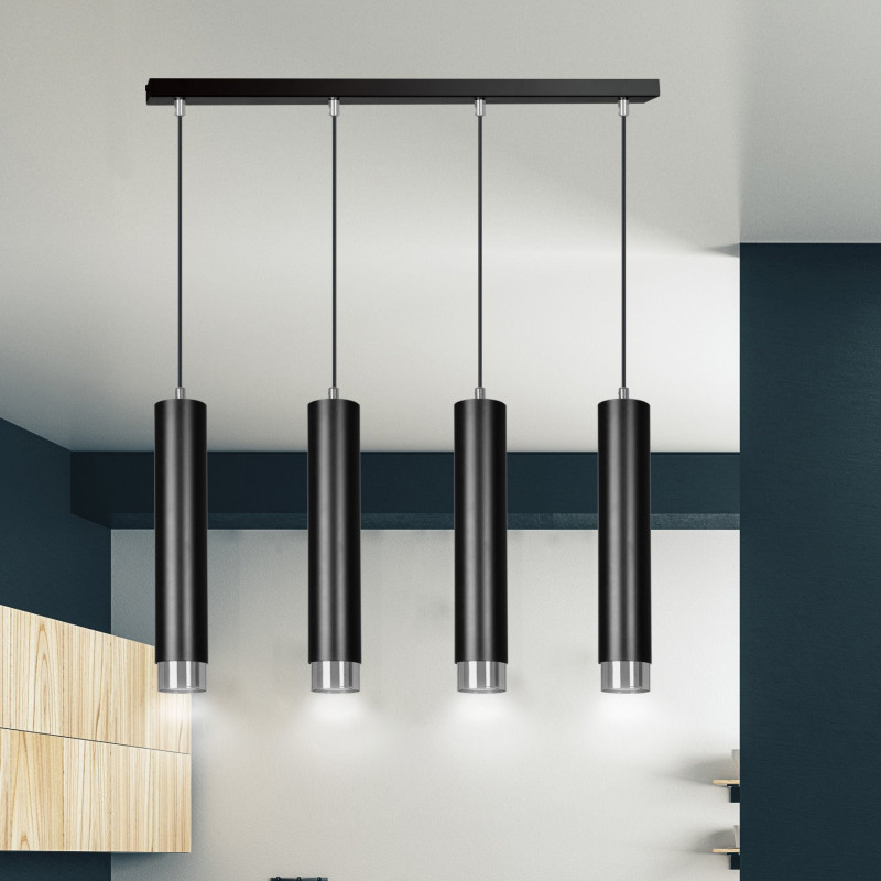 Suspension Design  Kibo Métal 4 lampes Tubes Noires et CHROME Style Moderne 