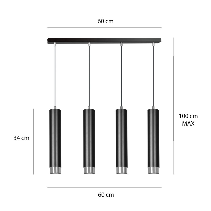 Suspension Design  Kibo Métal 4 lampes Tubes Noires et CHROME Style Moderne 