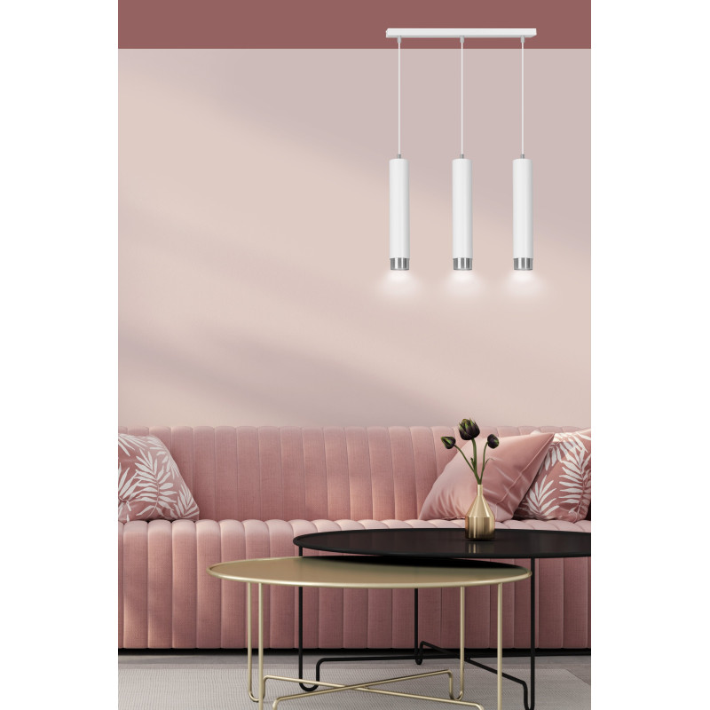 Suspension Design  Kibo Métal 3 lampes Tubes Blanches et CHROME Style Moderne 