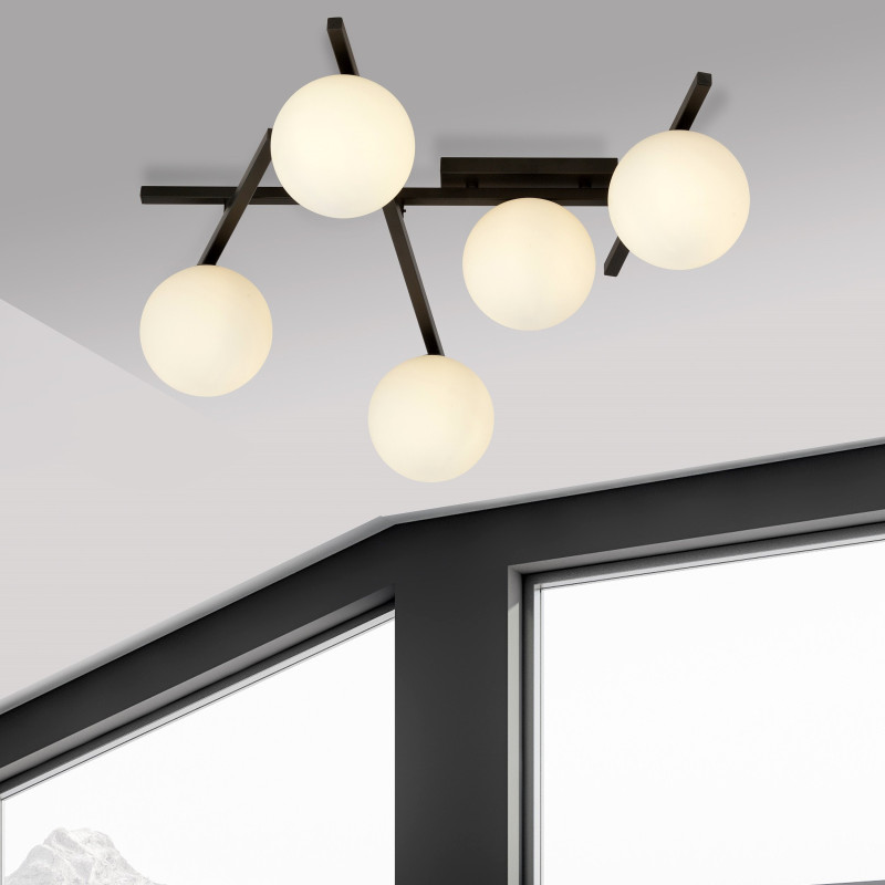 Plafonnier Design Smart Métal 5 lampes Boules Blanches Style Minimaliste 