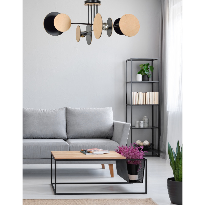 Plafonnier Design Zita Métal et Bois 4 lampes Cercles Noires Style Minimaliste 