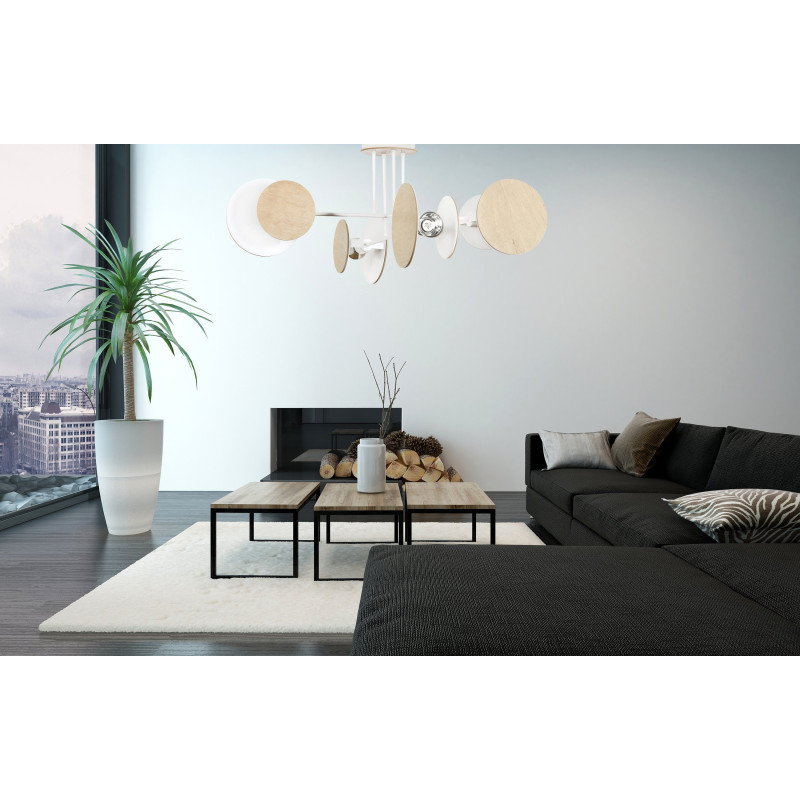 Plafonnier Design Zita Métal et Bois 4 lampes Cercles Blanches Style Minimaliste 