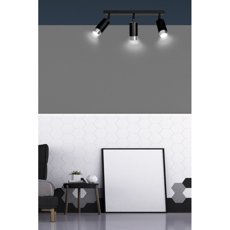 Plafonnier Design Hiro Métal 3 lampes Tubes Spots Noires et CHROME Style Moderne 