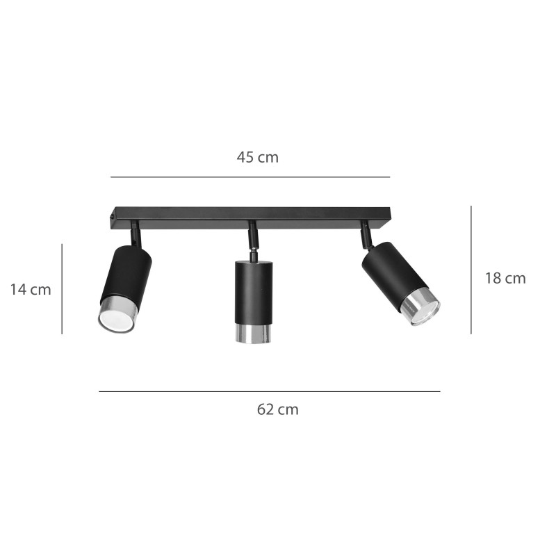 Plafonnier Design Hiro Métal 3 lampes Tubes Spots Noires et CHROME Style Moderne 