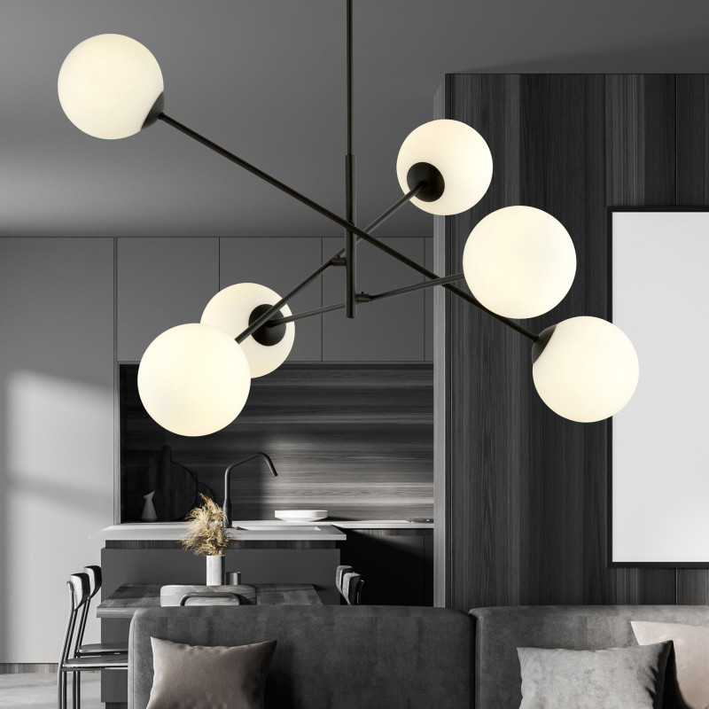 Suspension Design Linear Métal et Verre 6 lampes Boules Blanches Style Chic 