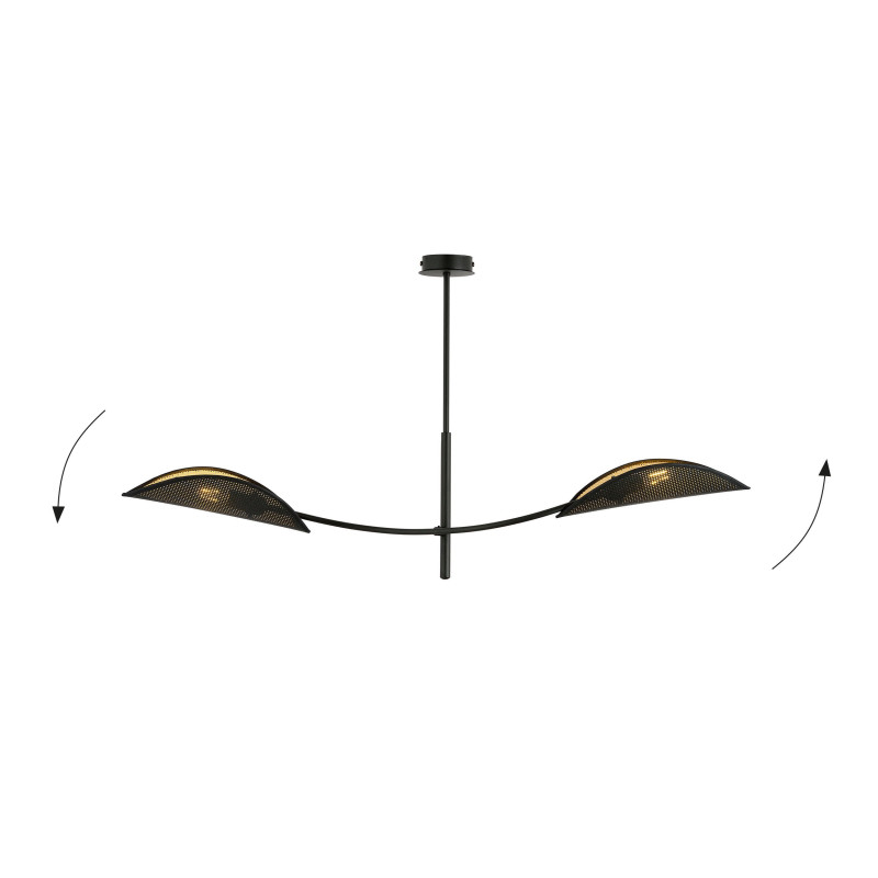 Plafonnier Design Lotus Métal 2 lampes Feuilles Noires et Dorées Style Ethnique 