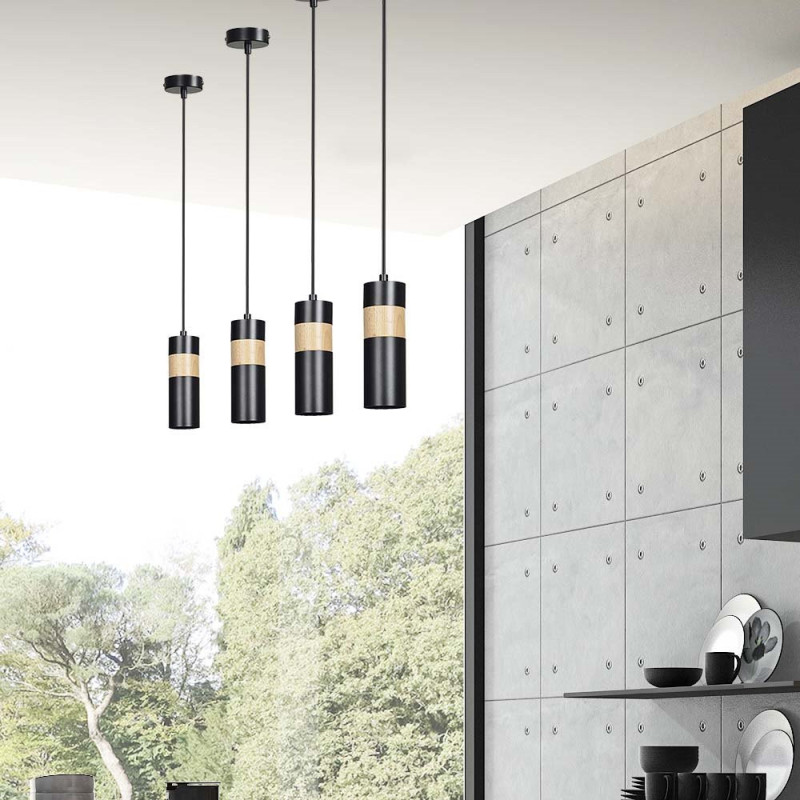 Suspension Design Akari Métal et Bois une Lampe Tube Noire Style Moderne 