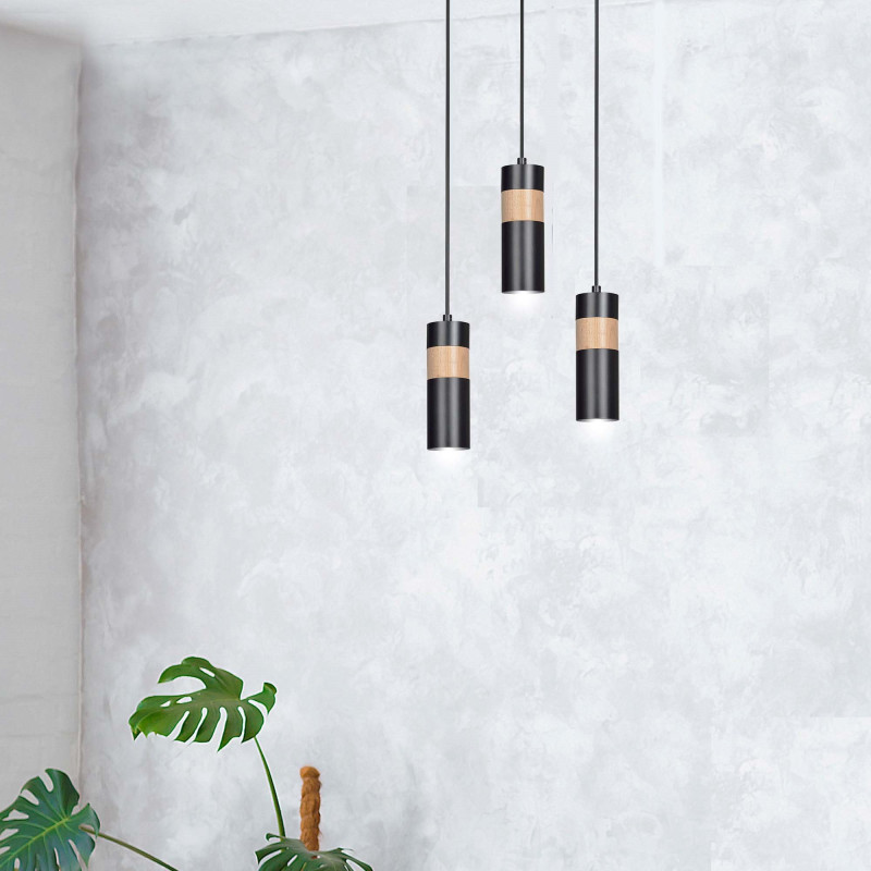 Suspension Design Akari Métal et Bois une Lampe Tube Noire Style Moderne 