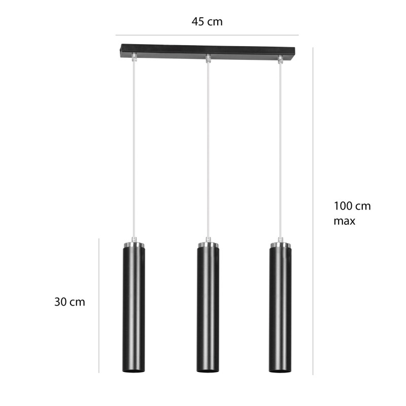 Suspension Design Luna Métal 3 lampes Tubes Noires Style Industriel 