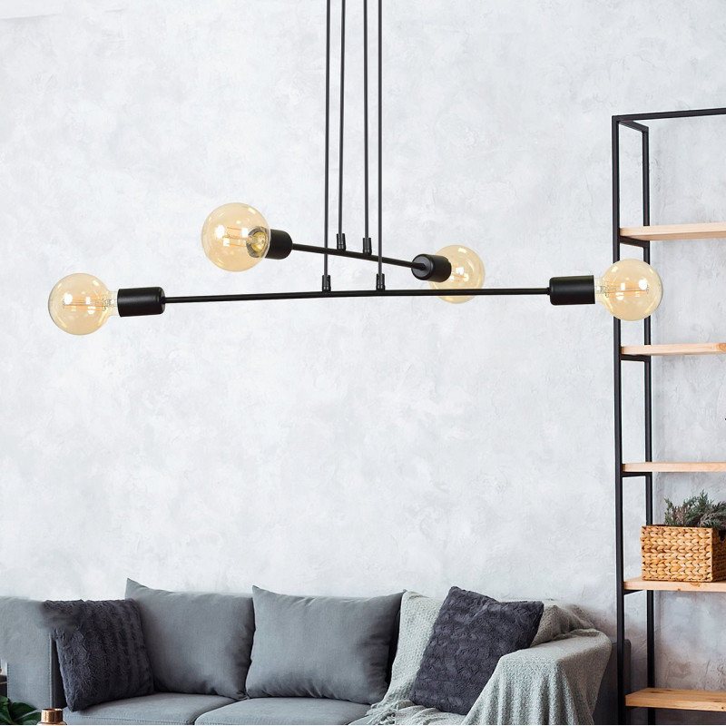 Suspension Design Multipo Métal  4 lampes Boules Noires Style Chic 