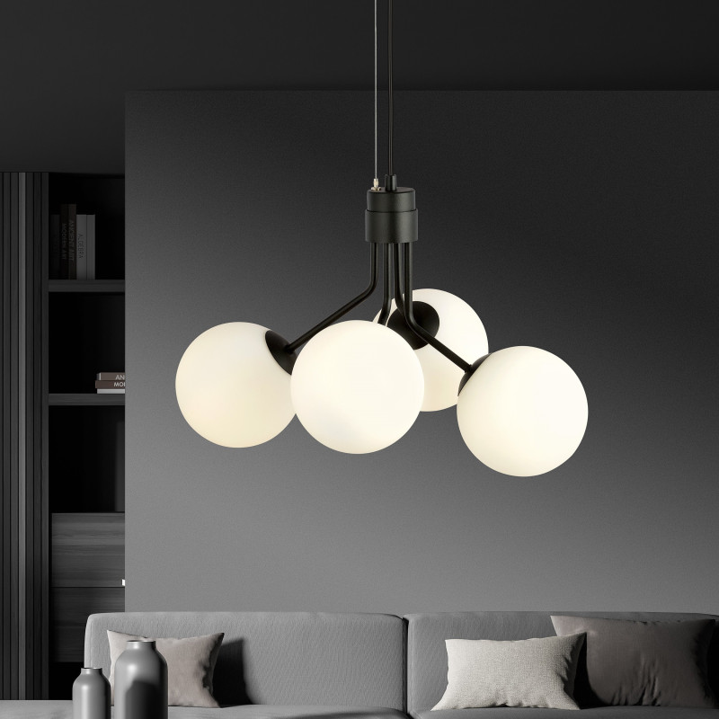 Suspension Design Nova Métal 4 lampes Boules Blanches Style Chic 