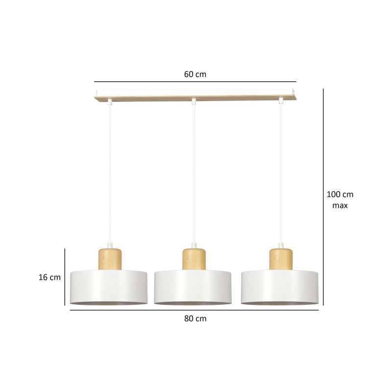 Suspension Design  Torin Métal et Bois 3 lampes Cylindres Blanches Style Minimaliste 