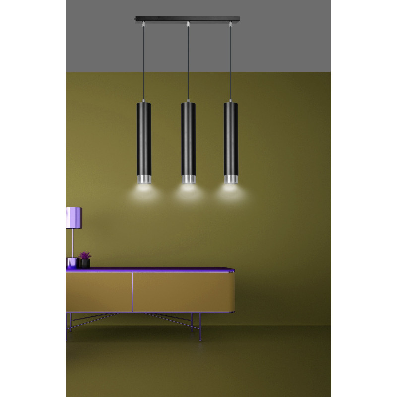 Suspension Design  Kibo Métal 3 lampes Tubes Noires et CHROME Style Moderne 