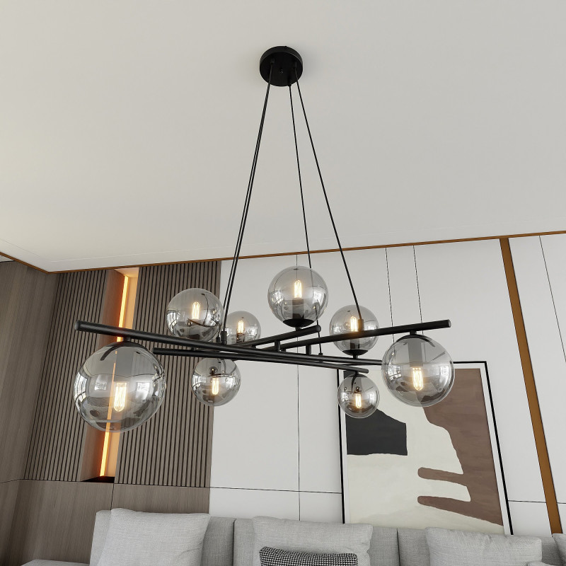 Suspension Design Essa Métal 8 lampes Boules Déportées Argentées Style Moderne 