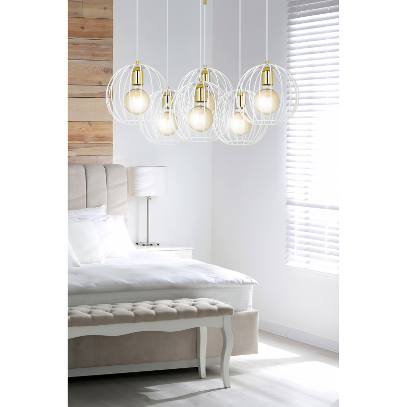 Suspension Design Albio Métal  6 lampes Rondes Cages Blanches Style Moderne 