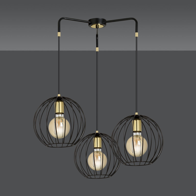 Suspension Design Albio Métal  3 lampes Rondes Cages Noires Style Moderne 