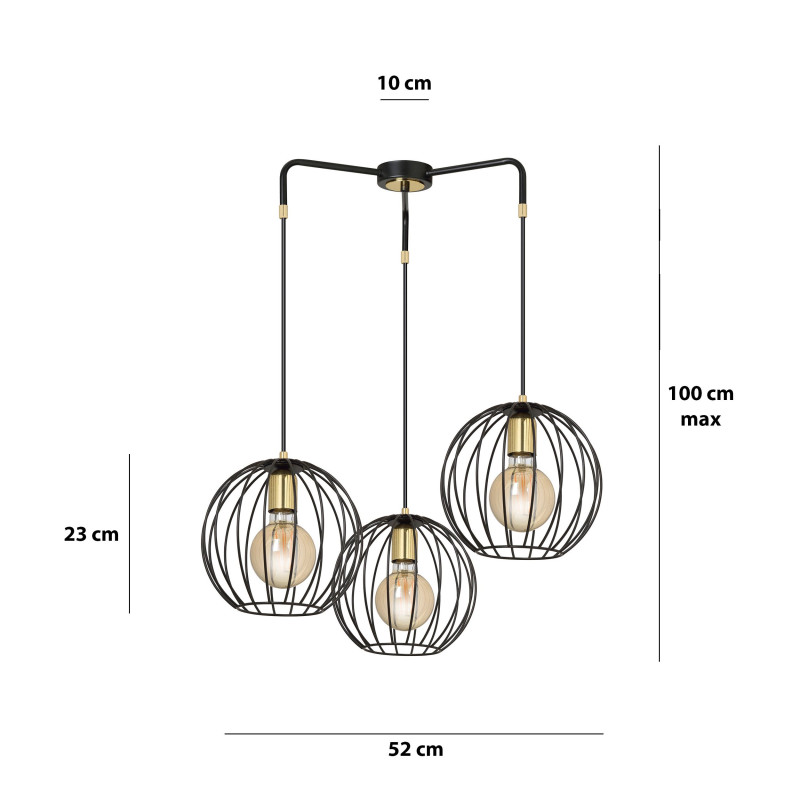 Suspension Design Albio Métal  3 lampes Rondes Cages Noires Style Moderne 