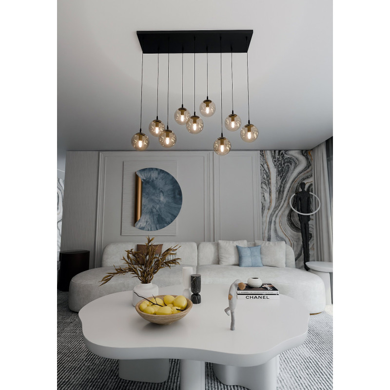 Suspension Design  Cosmo Métal 9 lampes Boules Ambrées Style Chic 