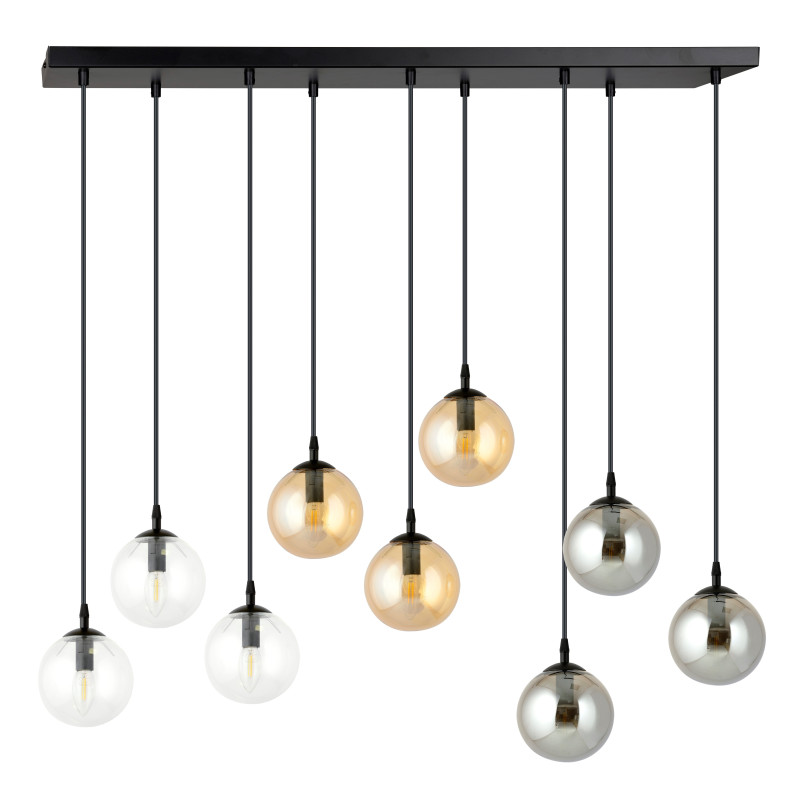 Suspension Design  Cosmo Métal 9 lampes Boules Transparentes et Argentées et Ambrées Style Chic 