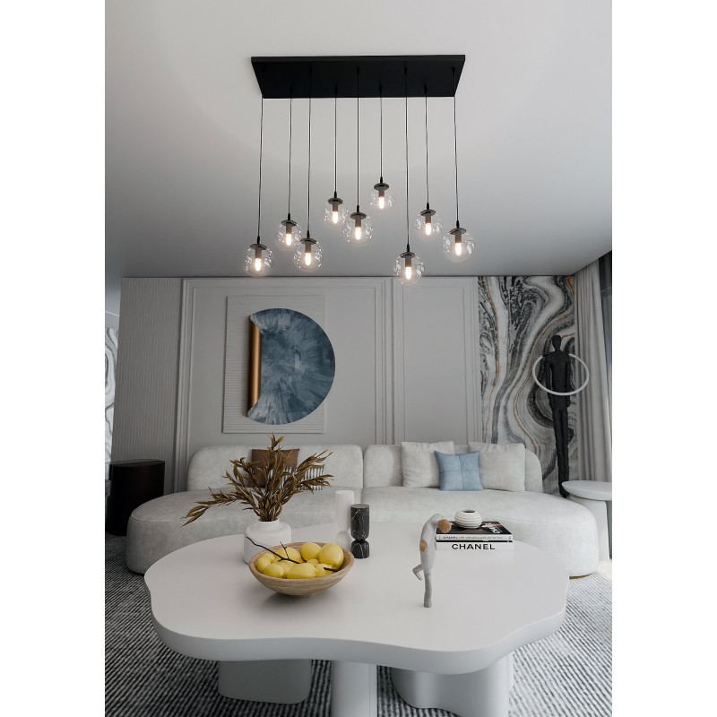 Suspension Design  Cosmo Métal 9 lampes Boules Transparentes Style Chic 