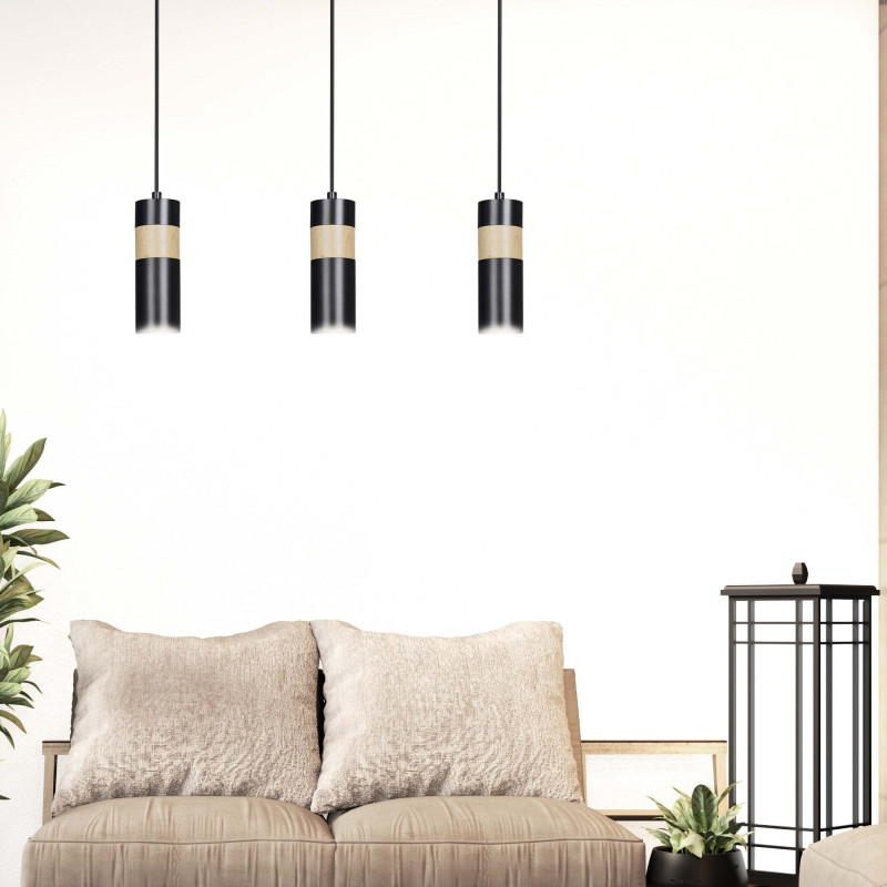 Suspension Design Akari Métal et Bois 3 lampes Tubes Noires Style Moderne 