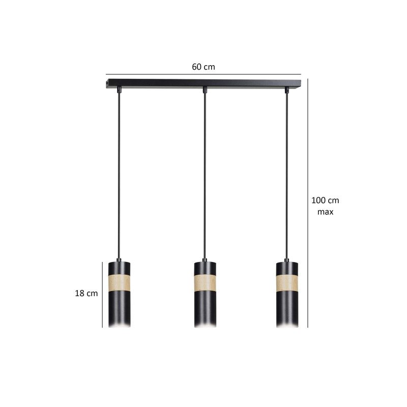 Suspension Design Akari Métal et Bois 3 lampes Tubes Noires Style Moderne 