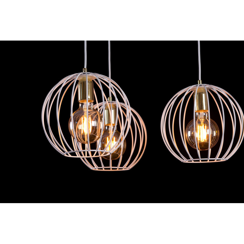 Suspension Design Albio Métal  3 lampes Rondes Cages Blanches Style Moderne 