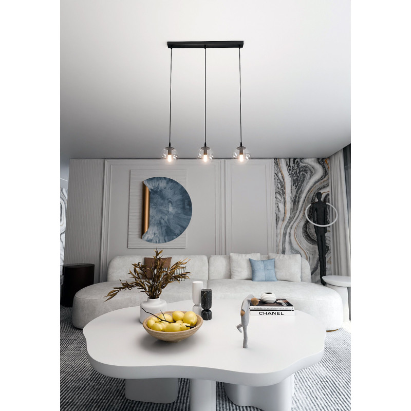 Suspension Design  Cosmo Métal 3 lampes Boules Transparentes Style Chic 