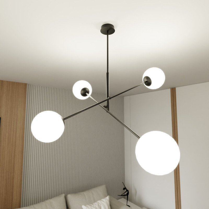 Suspension Design Linear Métal et Verre 4 lampes Boules Blanches Style Chic 