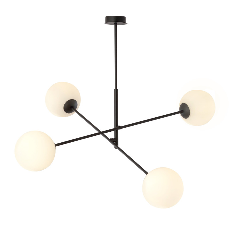 Suspension Design Linear Métal et Verre 4 lampes Boules Blanches Style Chic 