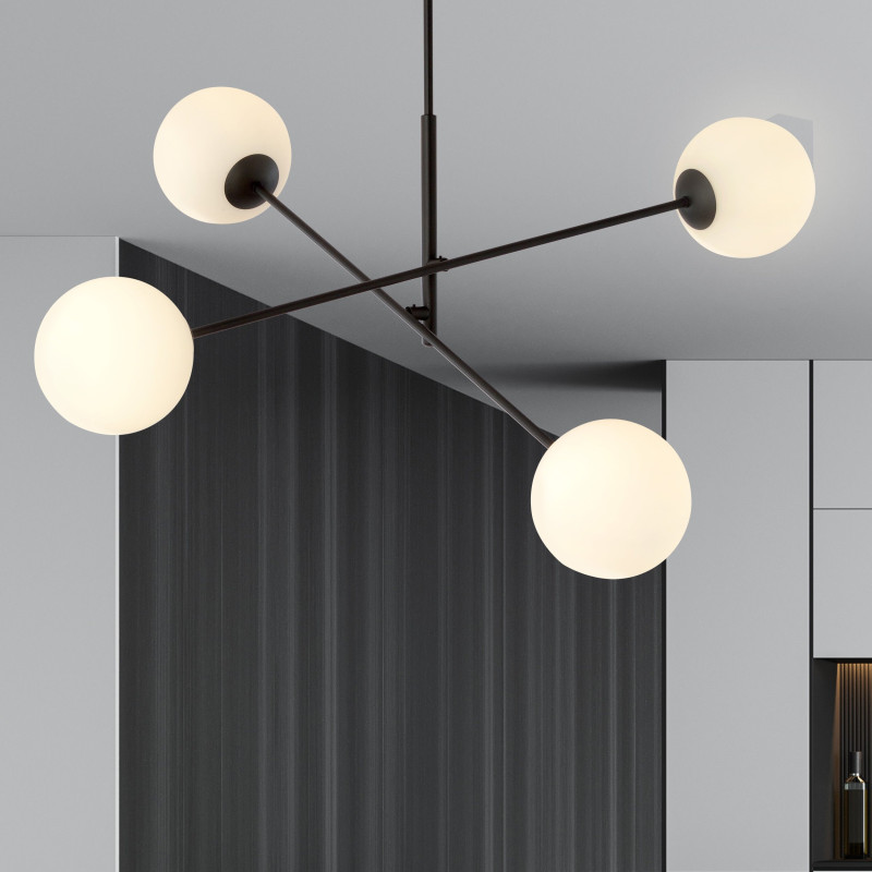 Suspension Design Linear Métal et Verre 4 lampes Boules Blanches Style Chic 