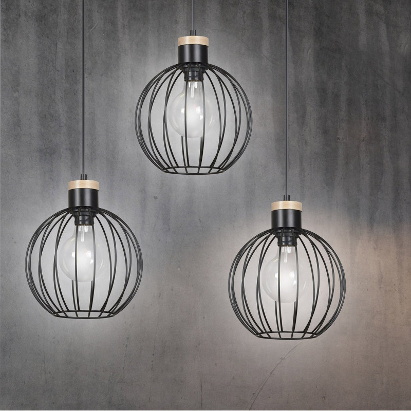 Suspension Design Barbade Métal et bois 3 lampes Rondes Cages Noires Style Moderne 