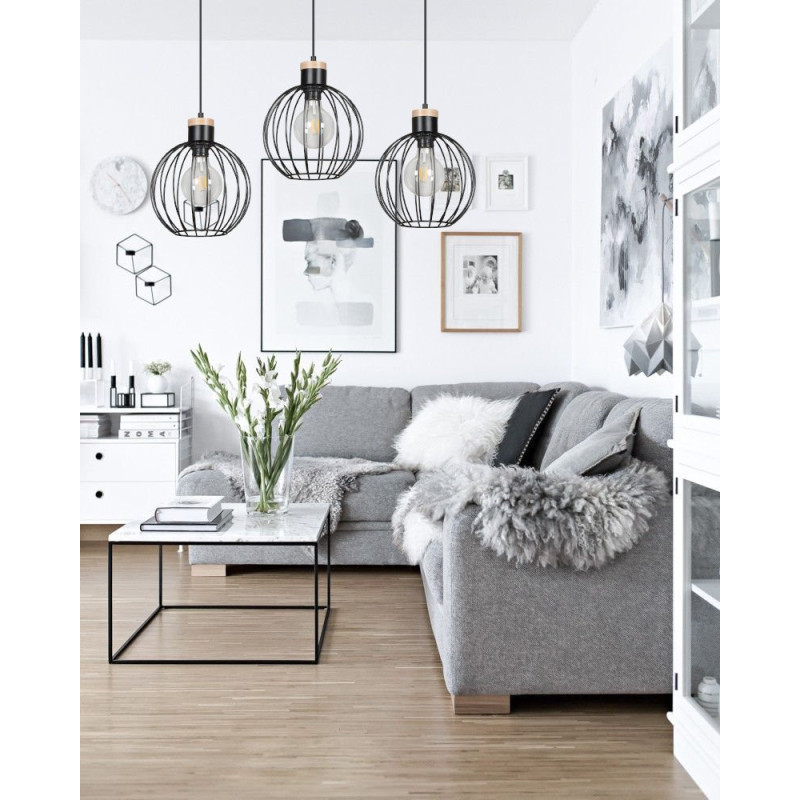 Suspension Design Barbade Métal et bois 3 lampes Rondes Cages Noires Style Moderne 