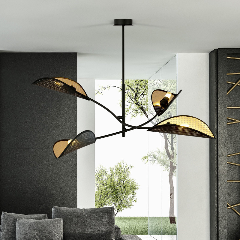 Plafonnier Design Lotus Métal 4 lampes Feuilles Noires et Dorées Style Ethnique 