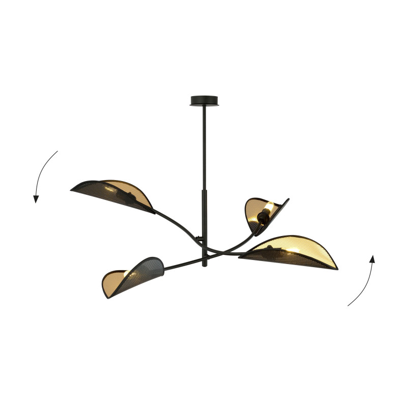 Plafonnier Design Lotus Métal 4 lampes Feuilles Noires et Dorées Style Ethnique 