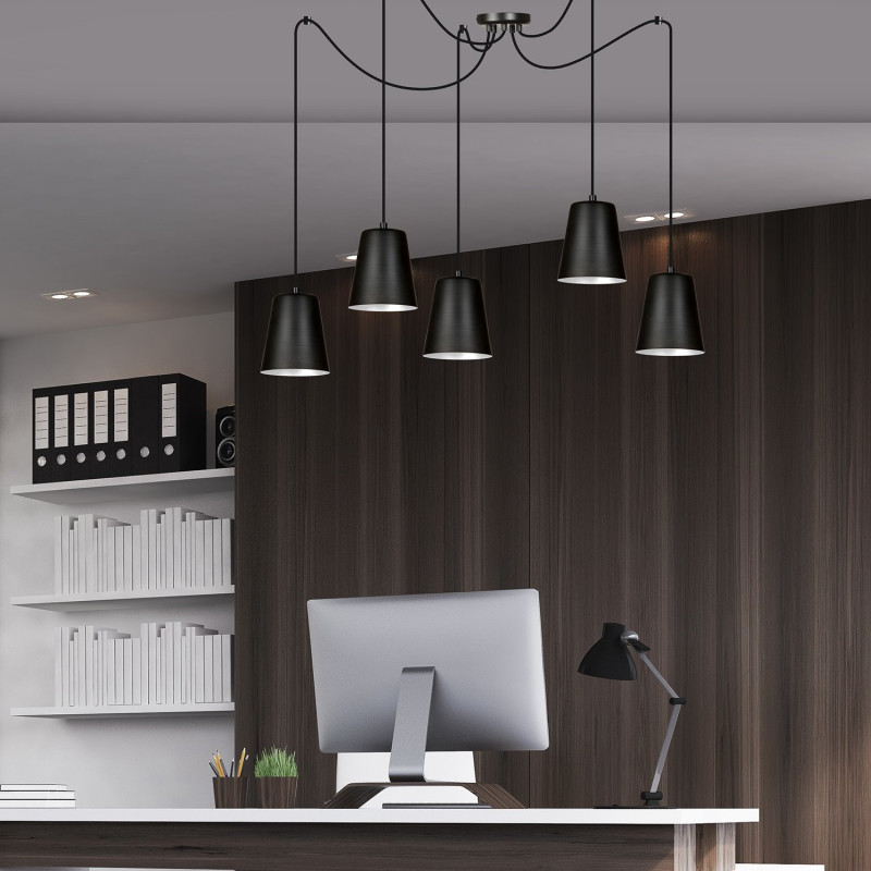 Suspension Design Link Métal  5 lampes Cloches Noires et Blanches Style Industriel 