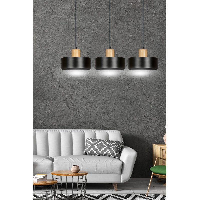 Suspension Design  Torin Métal et Bois 3 lampes Cylindres Noires Style Minimaliste 