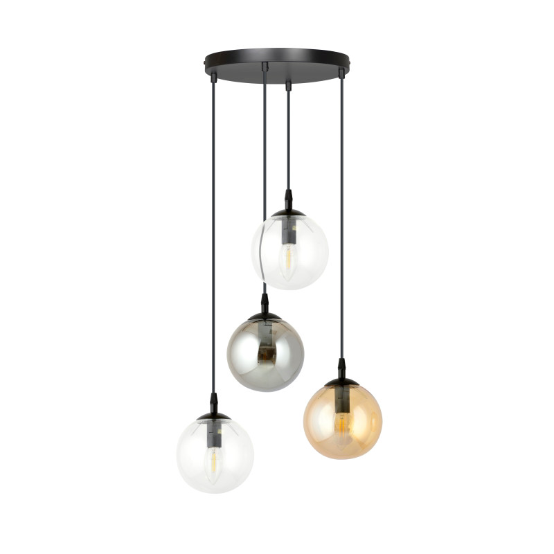 Suspension Design  Cosmo Métal 4 lampes Boules Transparentes, Argentées et Ambrées Style Chic 