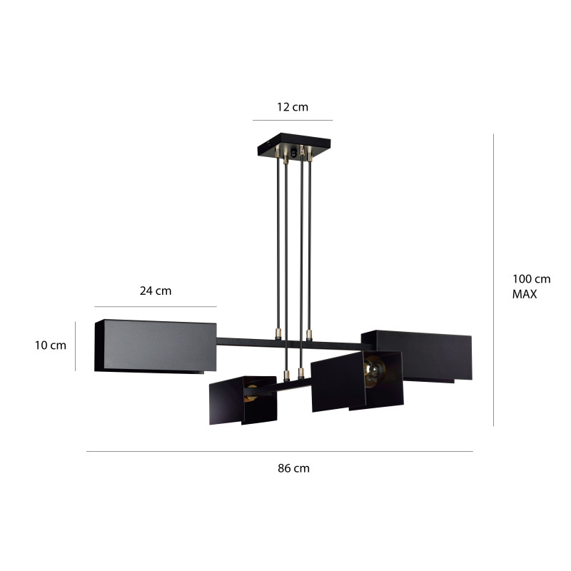 Suspension Design Tolos Métal 4 lampes Rectangles Déportées Noires Style Minimaliste 