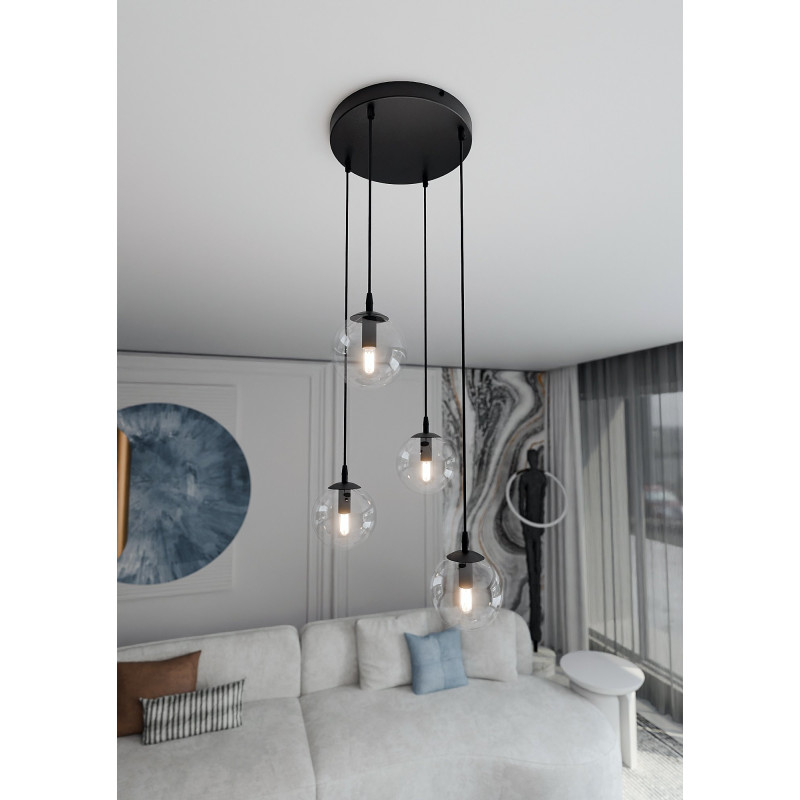 Suspension Design  Cosmo Métal 4 lampes Boules Transparentes Style Chic 