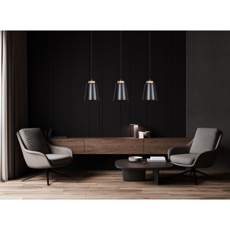 Suspension Design Bolero Métal et Bois 3 lampes Noires Style Moderne 