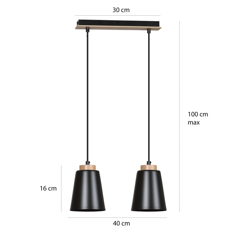 Suspension Design Bolero Métal et Bois 2 lampes Noires Style Moderne 