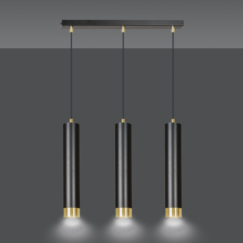 Suspension Design  Kibo Métal 3 lampes Tubes Noires et Dorées Style Moderne 