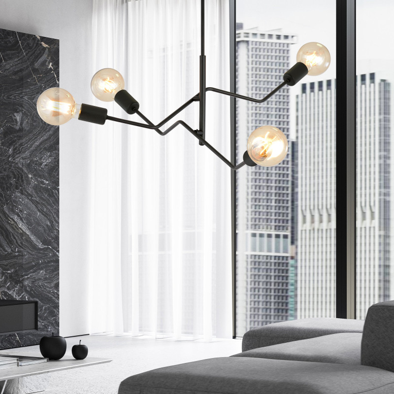 Plafonnier Design Frix Métal 4 lampes Déportées Noires Style Moderne 