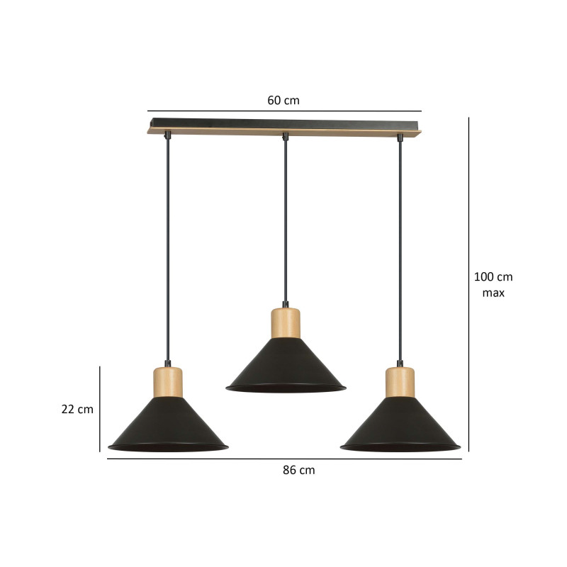 Suspension Design  Rowen Métal et Bois 3 lampes Evasés Noires Style Scandinave 