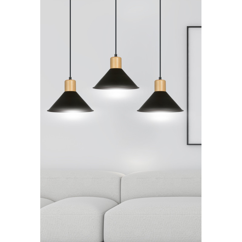 Suspension Design  Rowen Métal et Bois 3 lampes Evasés Noires Style Scandinave 