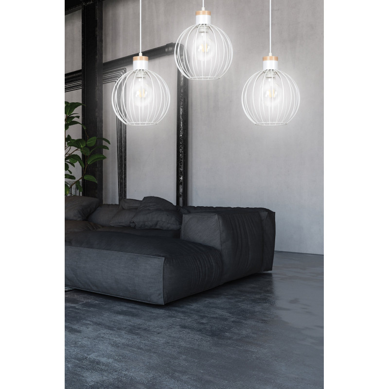 Suspension Design Barbade Métal et bois une Lampe Ronde Cage Blanche Style Moderne 